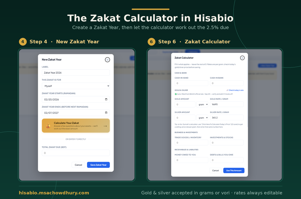 Hisabio Zakat Calculator — New Zakat Year form and the calculator screen with gold and silver rates in grams or vori